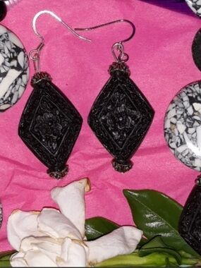 HAND CRAFTED Earrings Black Cinnabar dangles SS  hypoallergenic ear wires NEW